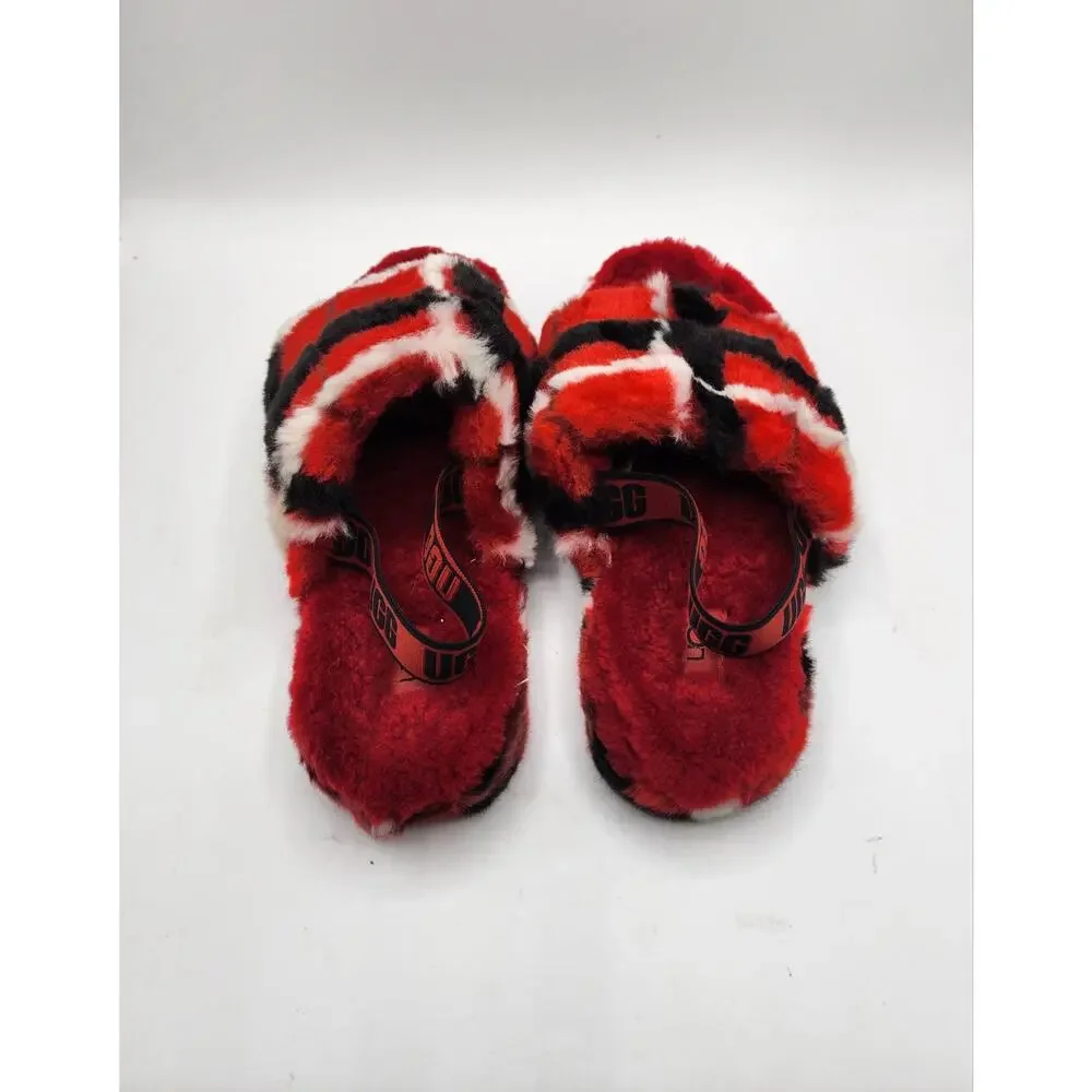 UGG Fluff Yeah Slide Slippers Plaid Punk Red Black White 1131630K Sz 6 Youth